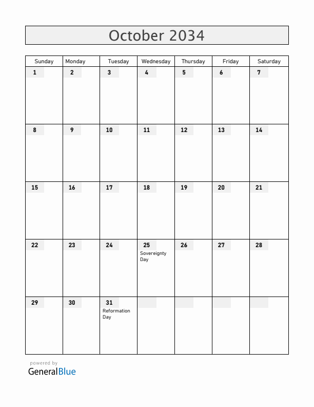 Slovenia October 2034 Calendar with Holidays