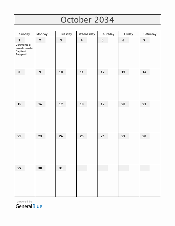 San Marino October 2034 Calendar with Holidays