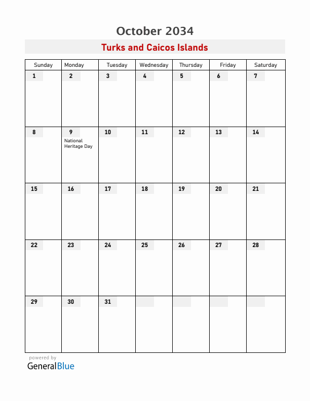 Turks and Caicos Islands October 2034 Calendar with Holidays