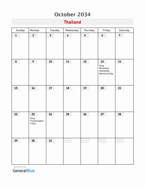Thailand October 2034 Calendar with Holidays