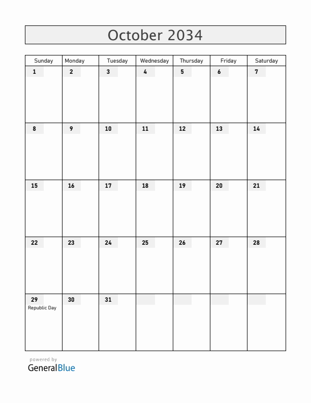 Turkey October 2034 Calendar with Holidays