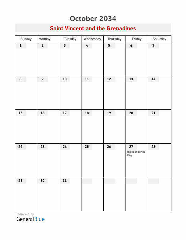 Saint Vincent and the Grenadines October 2034 Calendar with Holidays