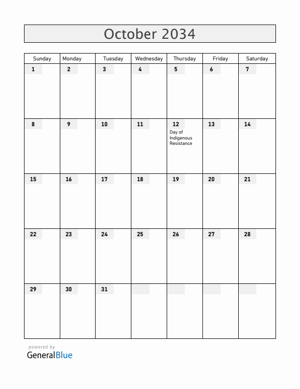 Venezuela October 2034 Calendar with Holidays