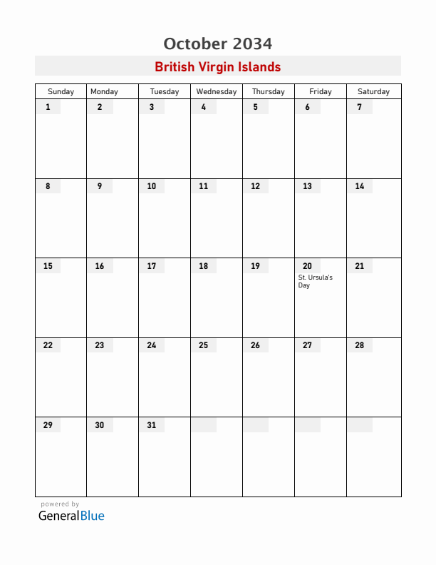 British Virgin Islands October 2034 Calendar with Holidays