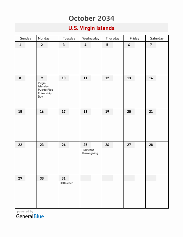 U.S. Virgin Islands October 2034 Calendar with Holidays