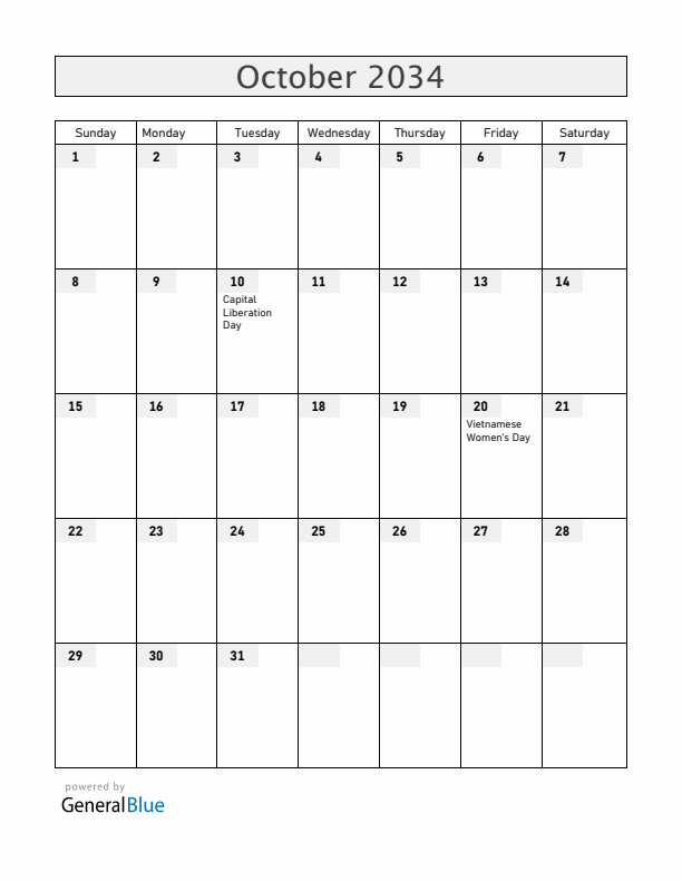 Vietnam October 2034 Calendar with Holidays