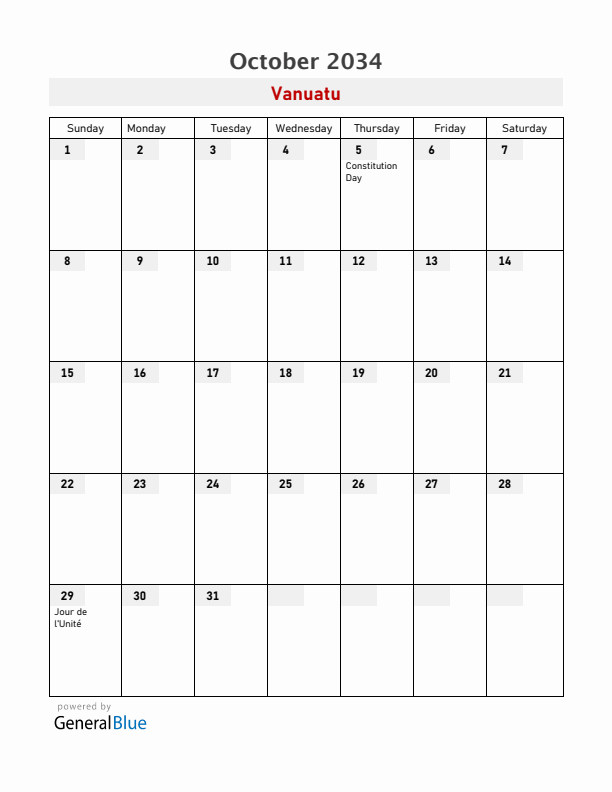 Vanuatu October 2034 Calendar with Holidays