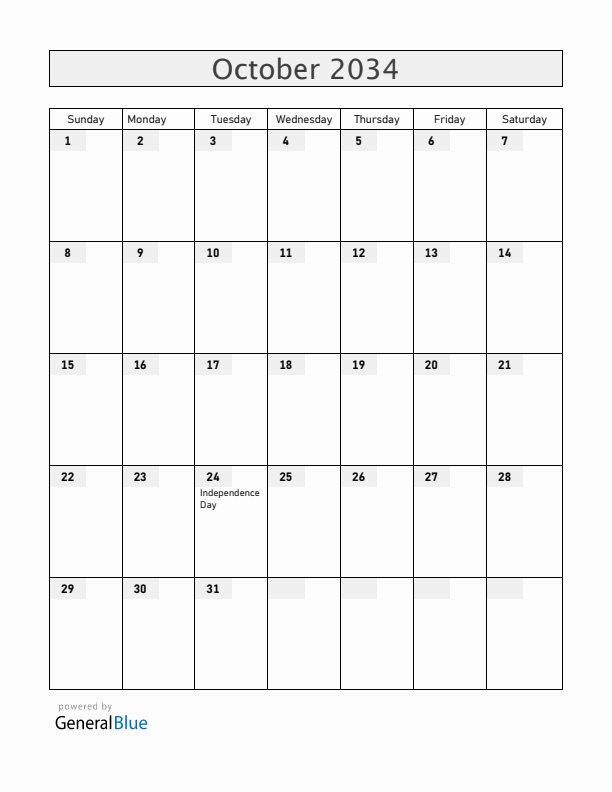 Zambia October 2034 Calendar with Holidays
