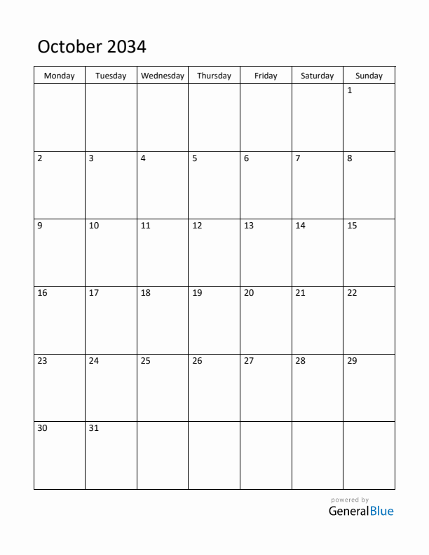 Monday Start Calendar for October 2034
