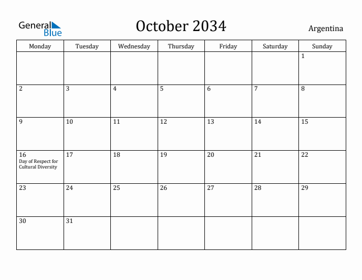 October 2034 Calendar Argentina