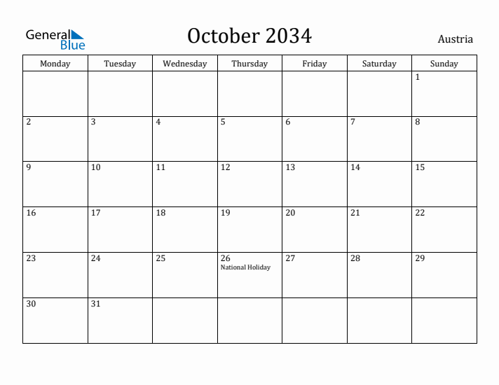 October 2034 Calendar Austria