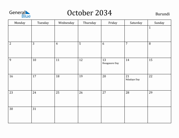 October 2034 Calendar Burundi
