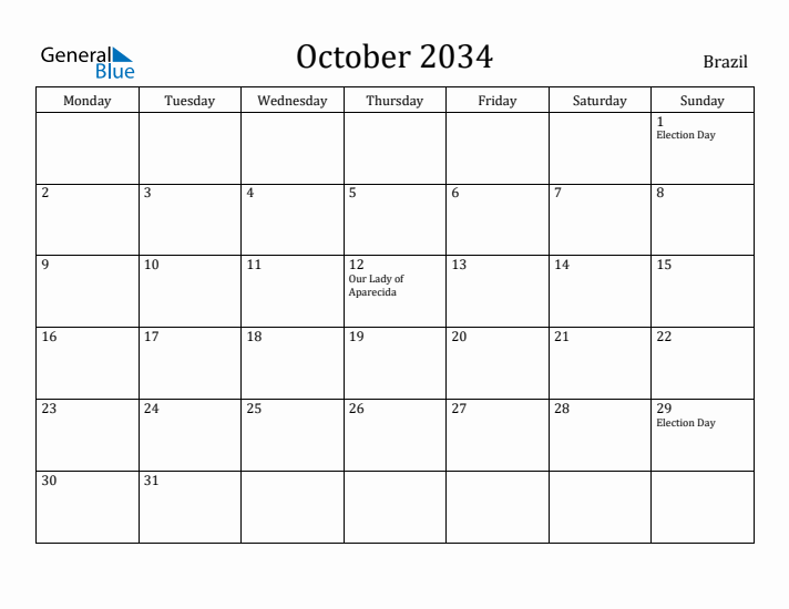 October 2034 Calendar Brazil