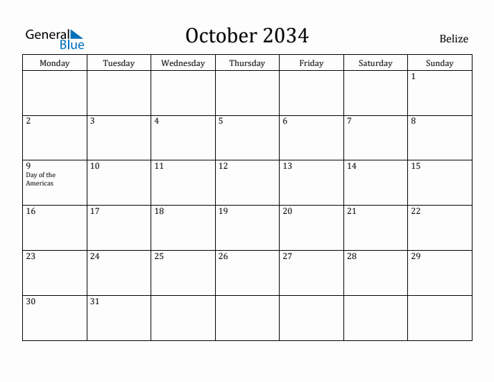 October 2034 Calendar Belize
