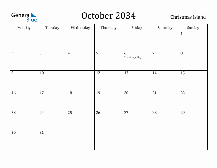 October 2034 Calendar Christmas Island