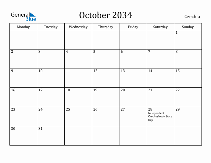 October 2034 Calendar Czechia