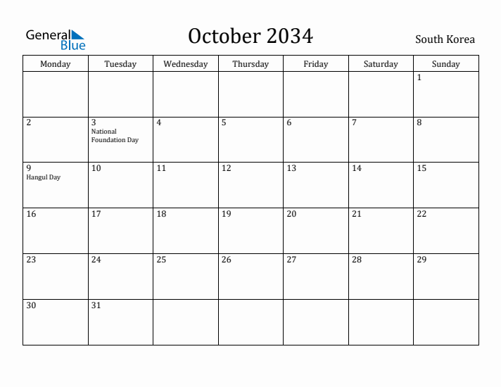 October 2034 Calendar South Korea