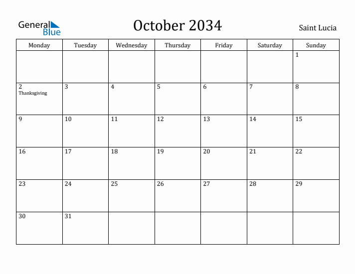 October 2034 Calendar Saint Lucia