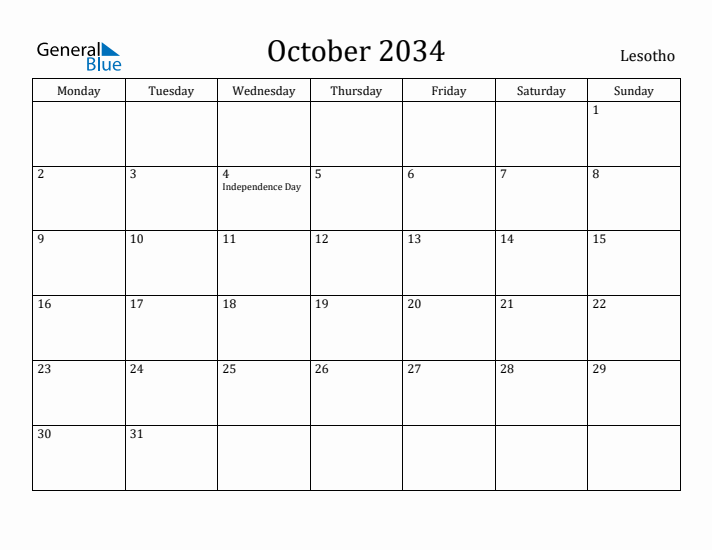 October 2034 Calendar Lesotho