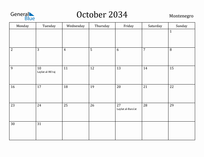 October 2034 Calendar Montenegro
