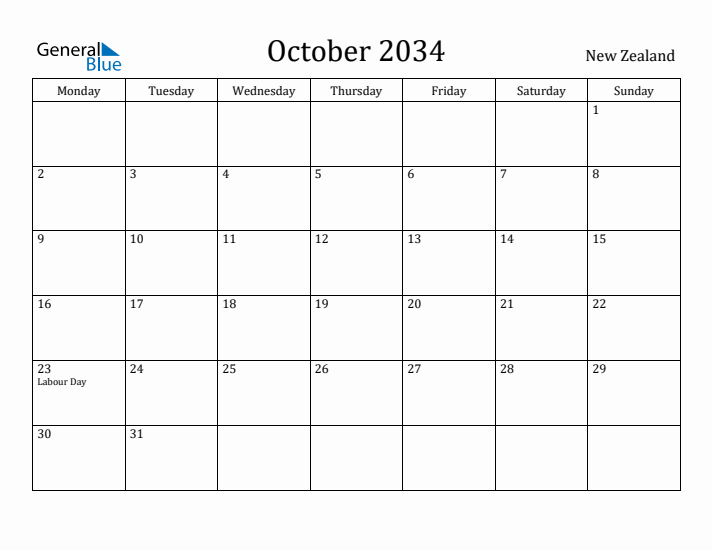 October 2034 Calendar New Zealand