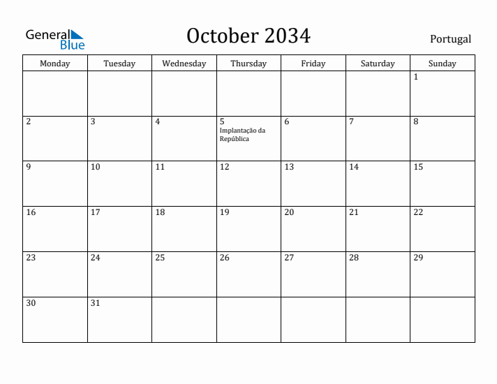 October 2034 Calendar Portugal