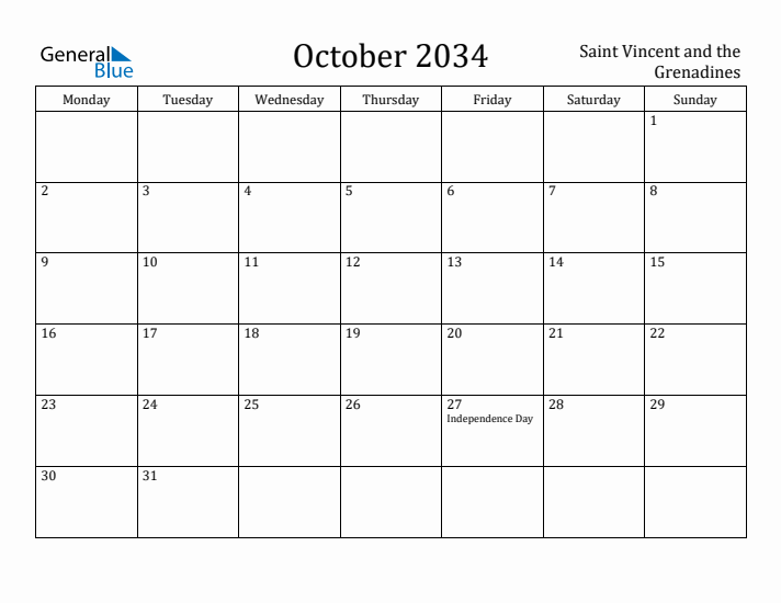 October 2034 Calendar Saint Vincent and the Grenadines