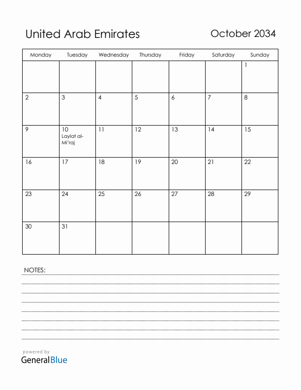 October 2034 United Arab Emirates Calendar with Holidays (Monday Start)