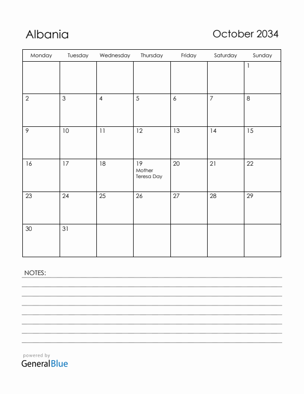 October 2034 Albania Calendar with Holidays (Monday Start)