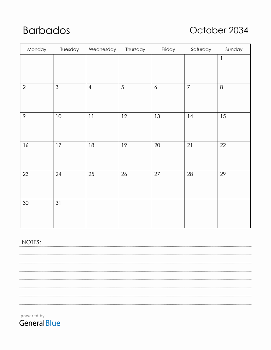 October 2034 Barbados Calendar with Holidays (Monday Start)