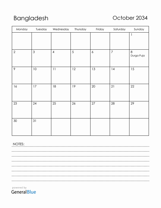 October 2034 Bangladesh Calendar with Holidays (Monday Start)