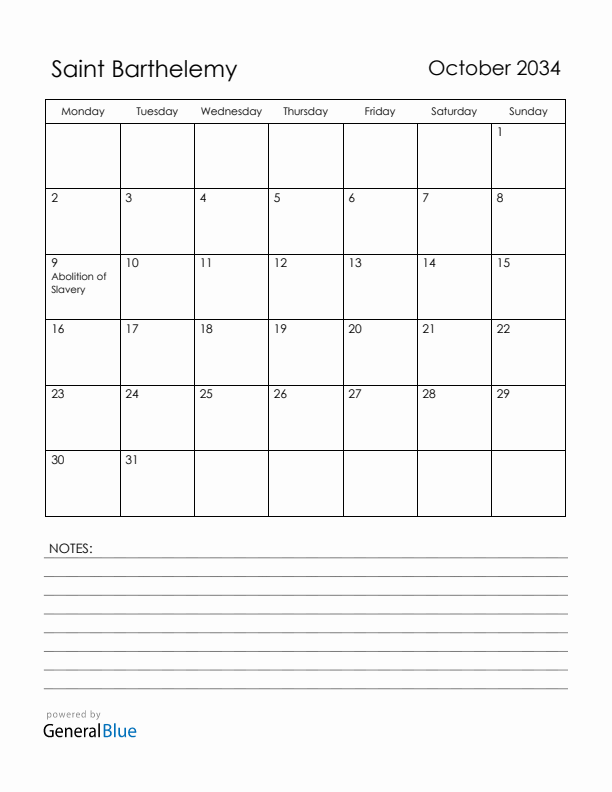 October 2034 Saint Barthelemy Calendar with Holidays (Monday Start)