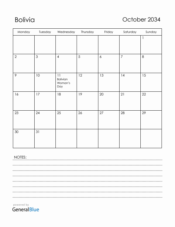 October 2034 Bolivia Calendar with Holidays (Monday Start)