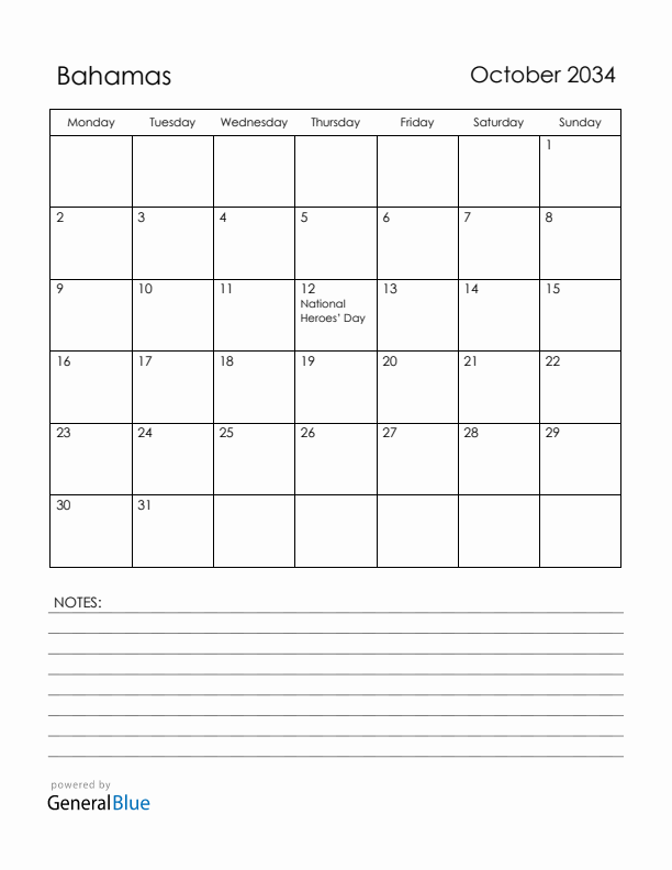 October 2034 Bahamas Calendar with Holidays (Monday Start)