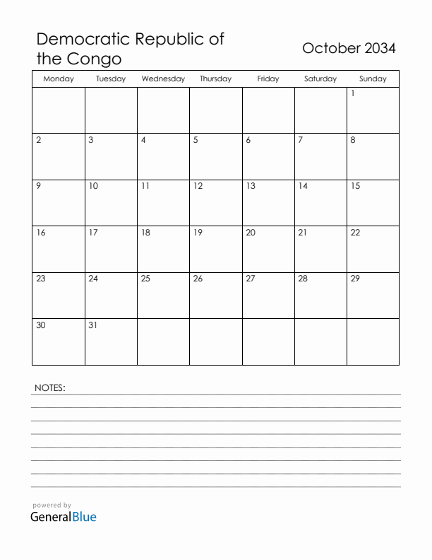 October 2034 Democratic Republic of the Congo Calendar with Holidays (Monday Start)