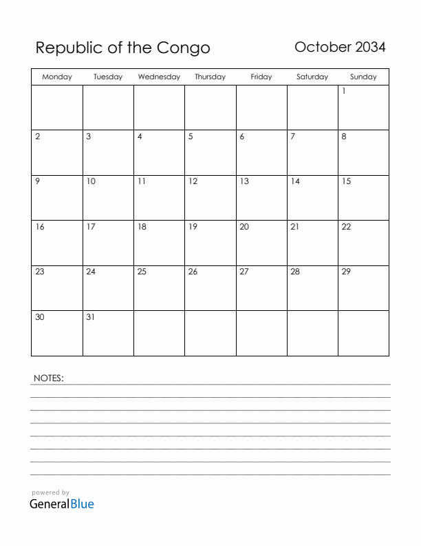 October 2034 Republic of the Congo Calendar with Holidays (Monday Start)