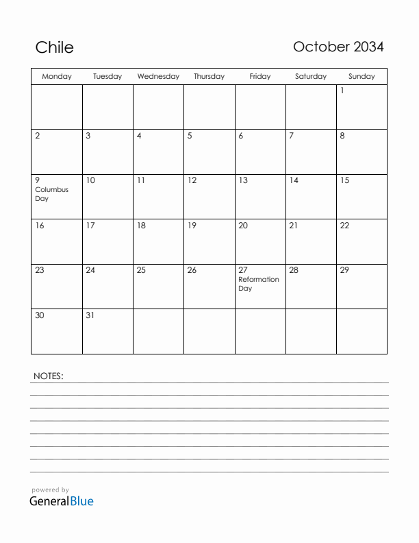 October 2034 Chile Calendar with Holidays (Monday Start)