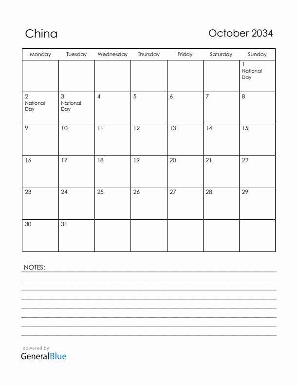 October 2034 China Calendar with Holidays (Monday Start)