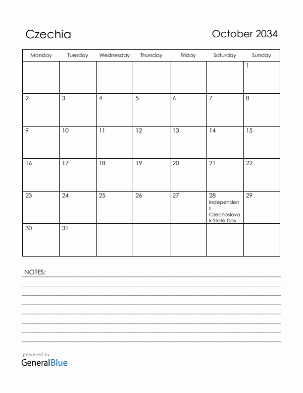 October 2034 Czechia Calendar with Holidays (Monday Start)