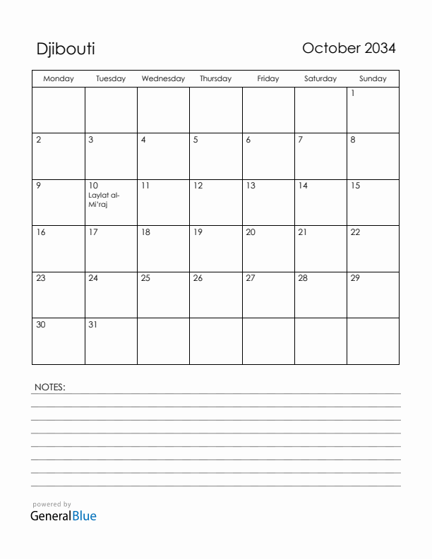October 2034 Djibouti Calendar with Holidays (Monday Start)