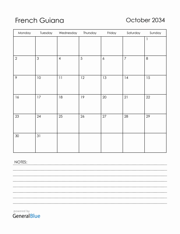 October 2034 French Guiana Calendar with Holidays (Monday Start)