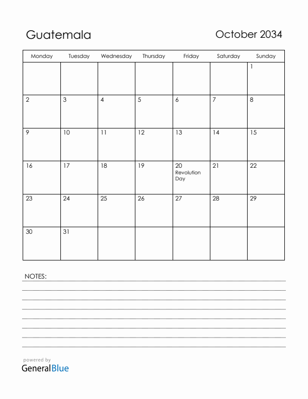 October 2034 Guatemala Calendar with Holidays (Monday Start)