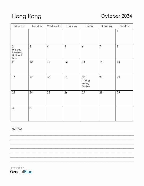 October 2034 Hong Kong Calendar with Holidays (Monday Start)