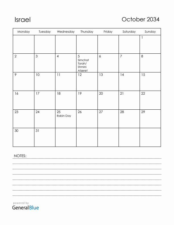 October 2034 Israel Calendar with Holidays (Monday Start)