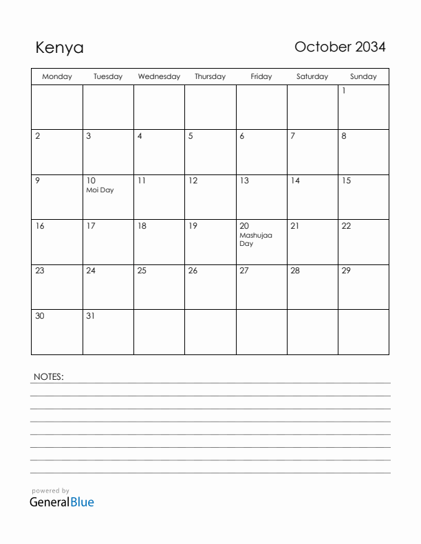 October 2034 Kenya Calendar with Holidays (Monday Start)