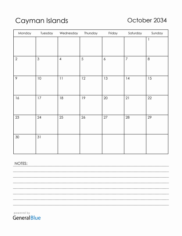 October 2034 Cayman Islands Calendar with Holidays (Monday Start)