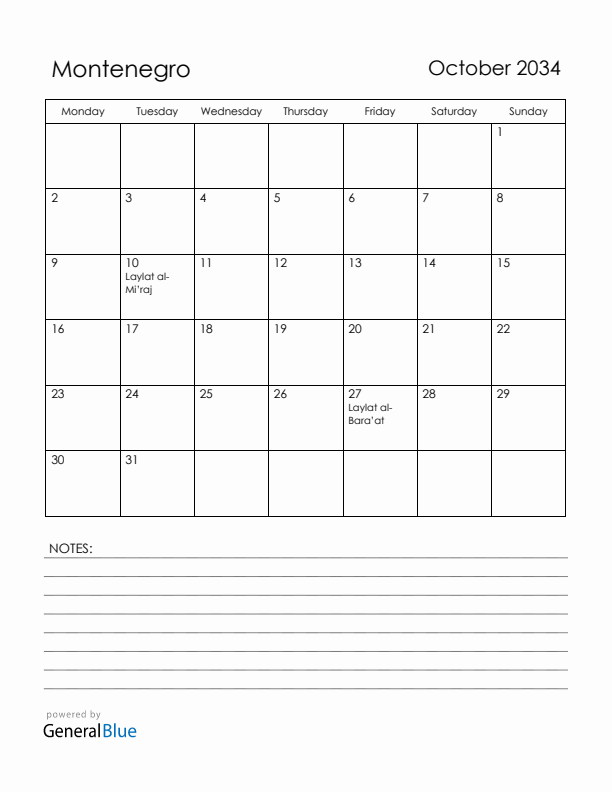 October 2034 Montenegro Calendar with Holidays (Monday Start)