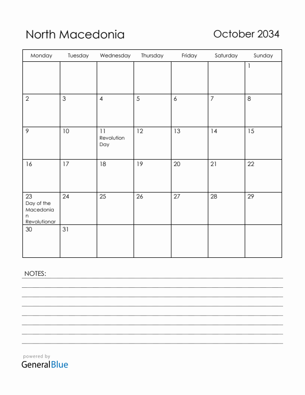 October 2034 North Macedonia Calendar with Holidays (Monday Start)