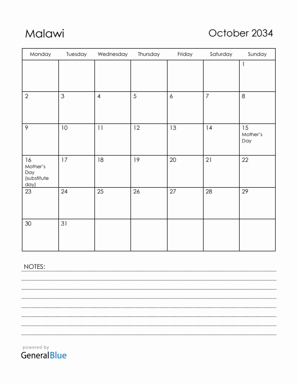 October 2034 Malawi Calendar with Holidays (Monday Start)