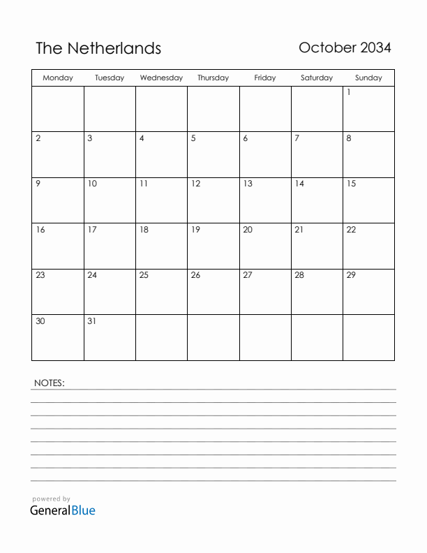 October 2034 The Netherlands Calendar with Holidays (Monday Start)